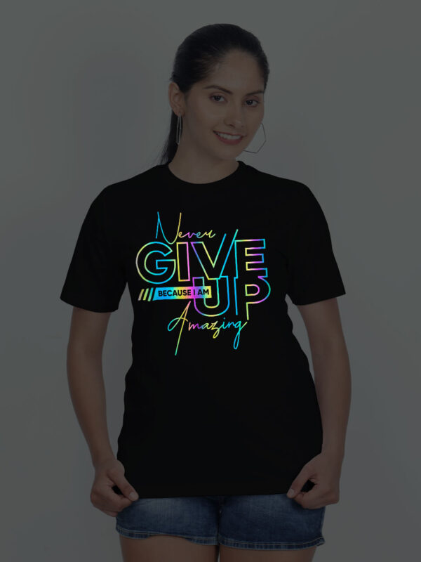 Black Cotton Never Give up Rainbow Reflective Women T-shirt