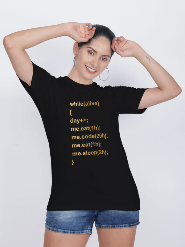 Black Cotton Eat Sleep Gold Printed Printed Women T-shirt