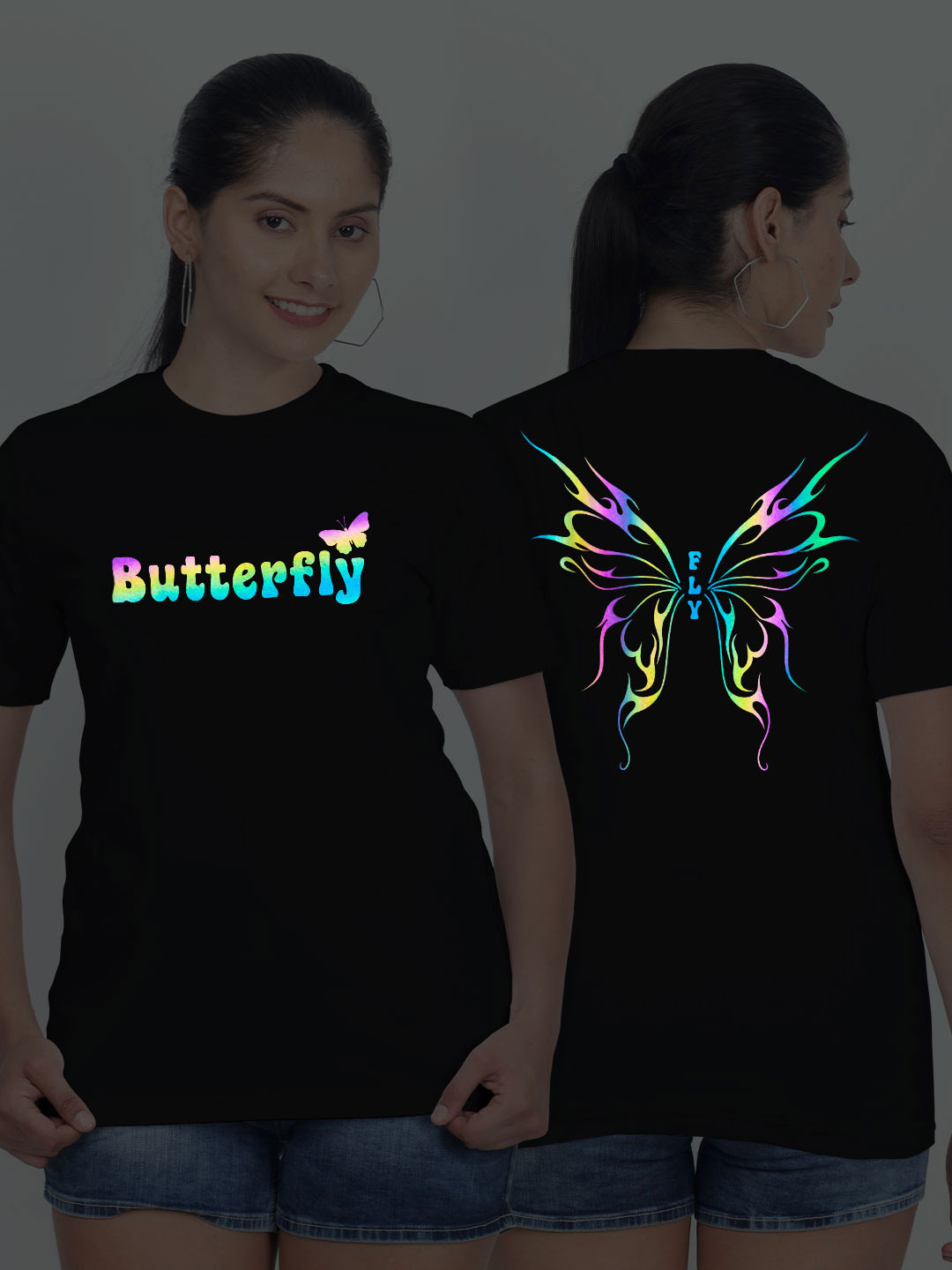 Black Cotton Butterfly Wings Rainbow Reflective Women T-shirt