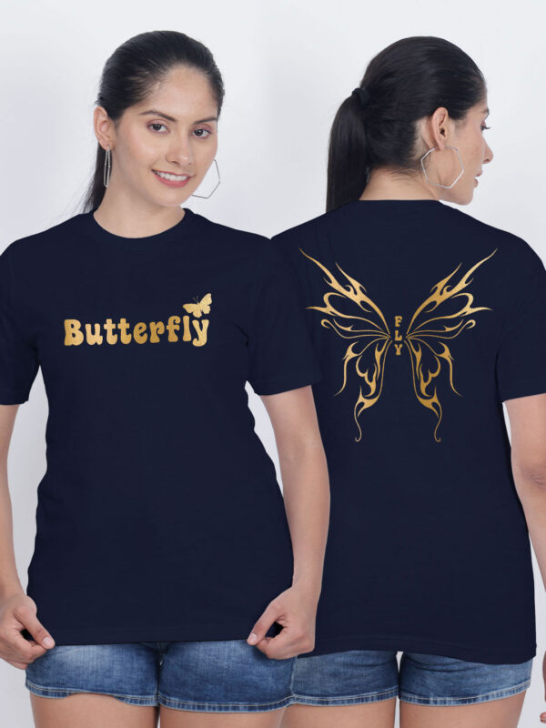 Nblue Cotton Butterfly Wings Gold Printed Printed Women T-shirt