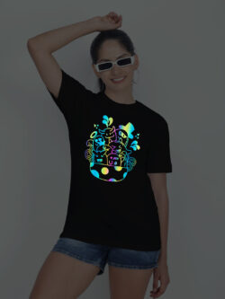 Black Cotton Cute Halloween Rainbow Reflective Women T-shirt