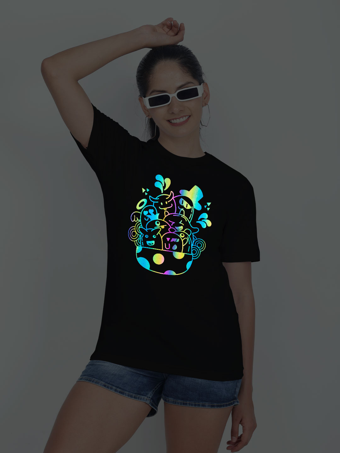 Black Cotton Cute Halloween Rainbow Reflective Women T-shirt