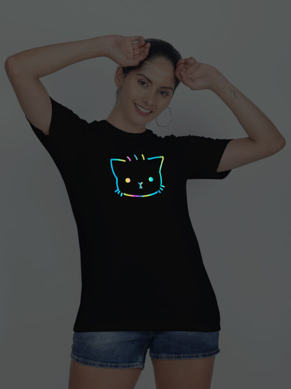 Black Cotton Cute Kitty Rainbow Reflective Women T-shirt