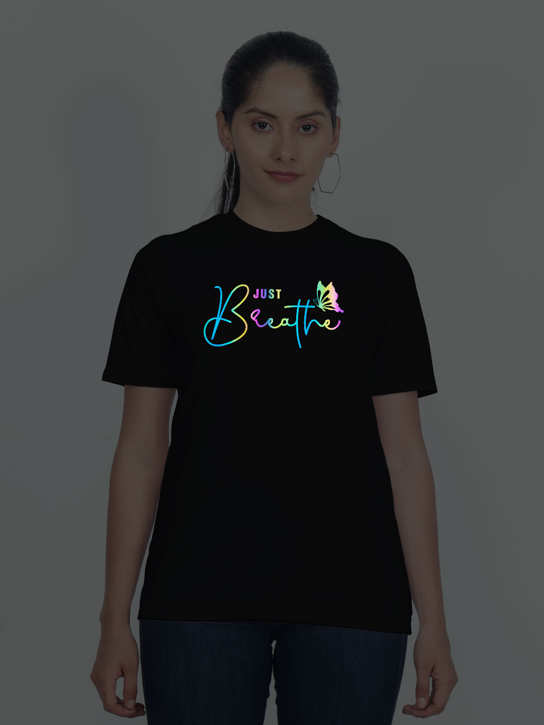 Black Cotton Just Breath Butterfly Rainbow Reflective Women T-shirt