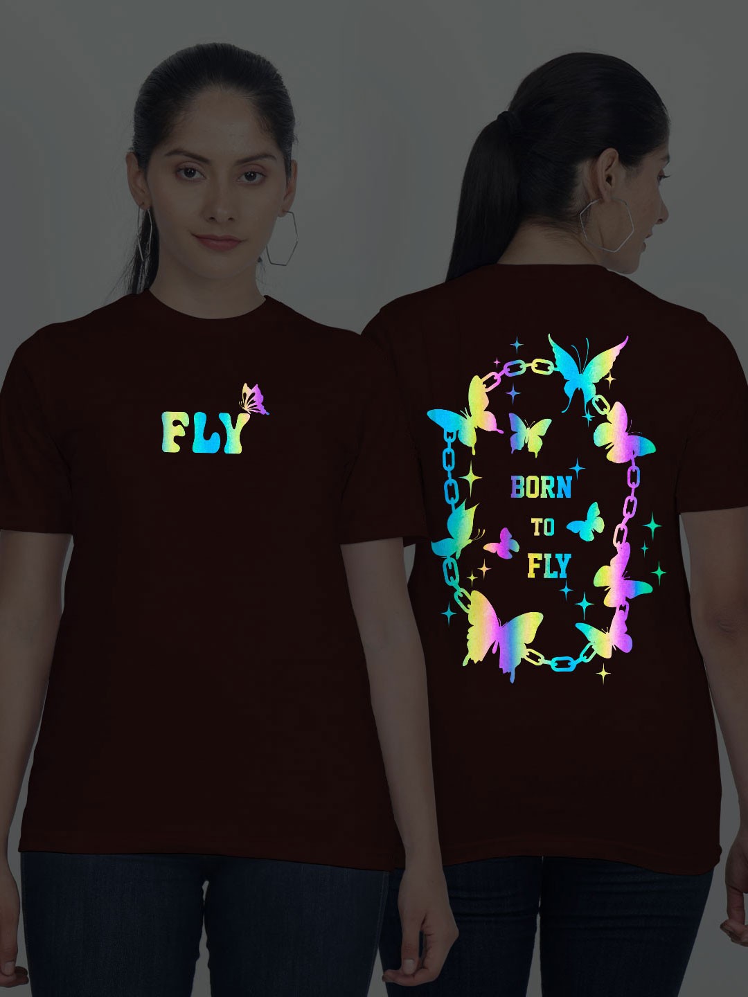 Maroon Cotton Born to Fly Rainbow Women T-shirt
