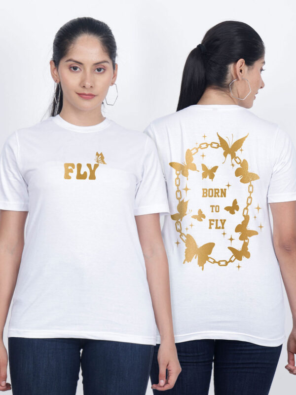 White Cotton Born to Fly Gold Printed Printed Women T-shirt