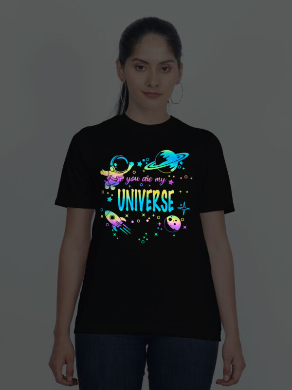 Black Cotton Astronaut Universe Rainbow Women T-shirt