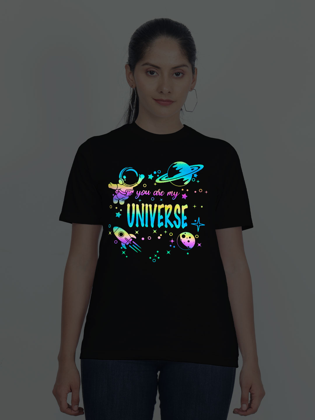 Black Cotton Astronaut Universe Rainbow Women T-shirt