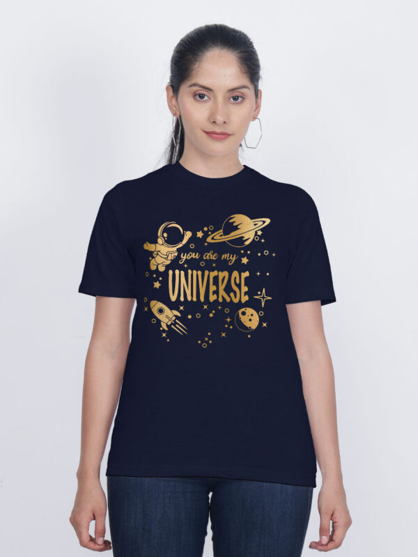 Nblue Cotton Astronaut Universe Gold Printed Printed Women T-shirt