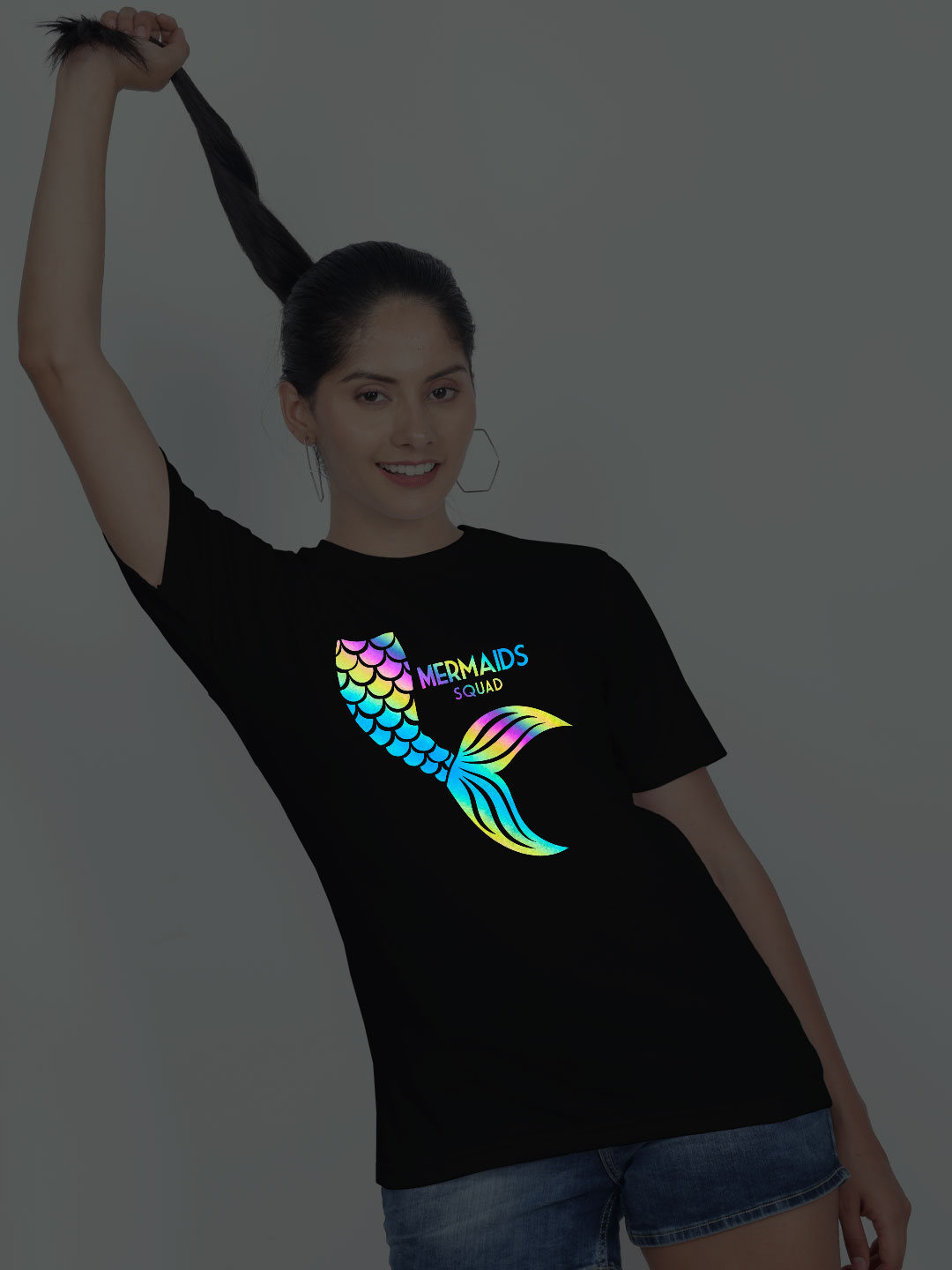 Black Cotton Mermaid Squad Rainbow Women T-shirt