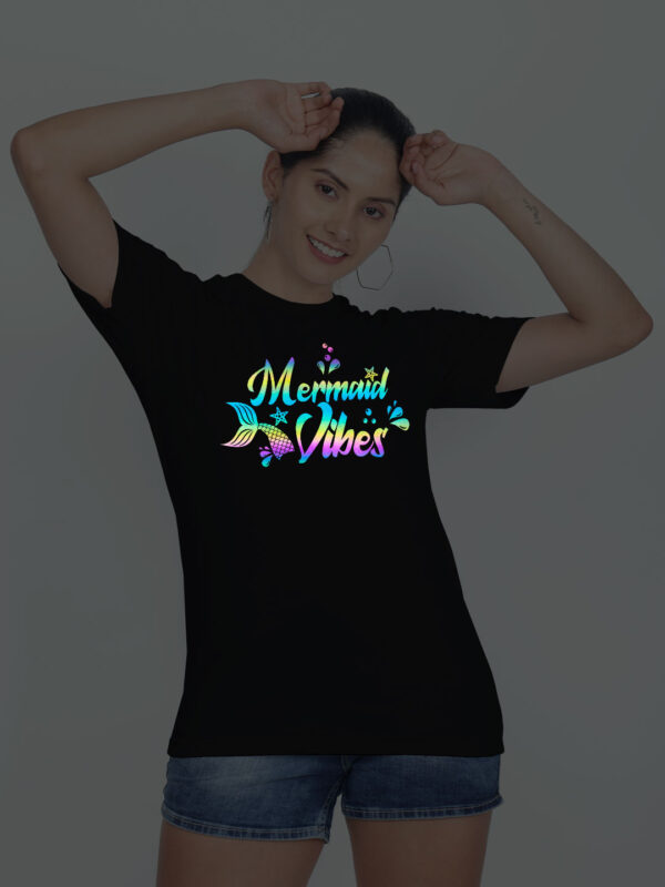 Black Cotton Mermaid Vibes Rainbow Women T-shirt