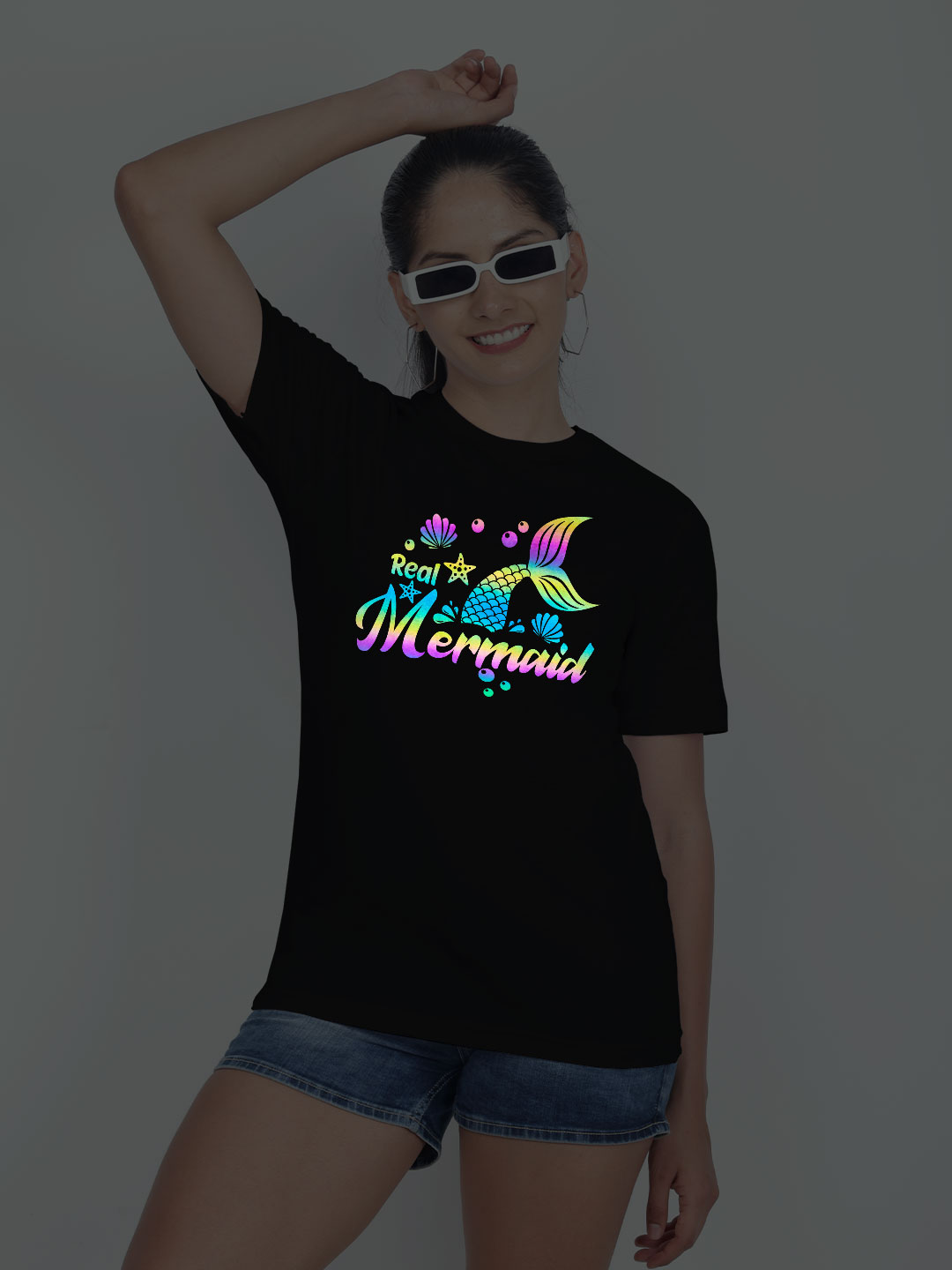 Black Cotton Real Mermaid Rainbow Women T-shirt