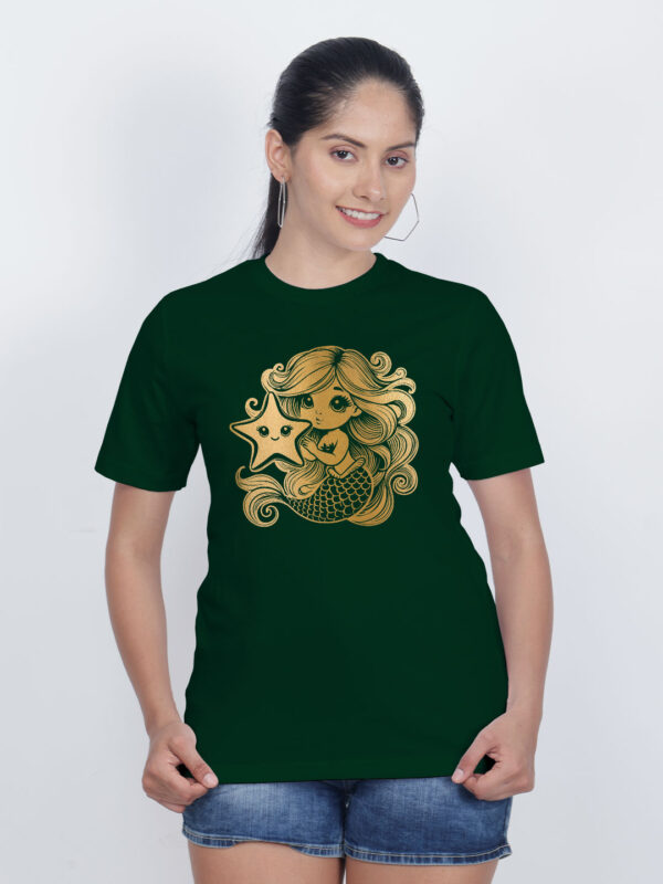 Bgreen Cotton Cute Mermaid Gold Printed Printed Women T-shirt