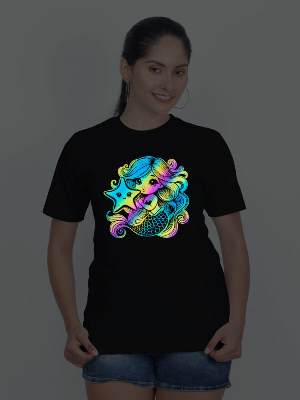 Black Cotton Cute Mermaid Rainbow Women T-shirt