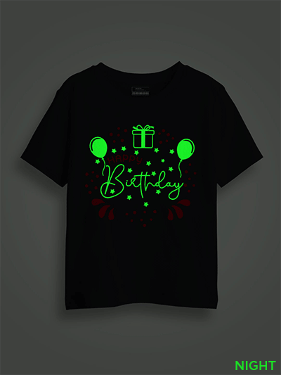 Black Cotton Happy Birthday Kids Glow in Dark T-shirt