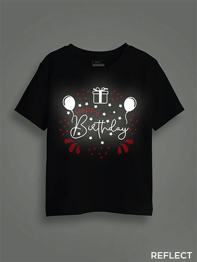 Black Cotton Happy Birthday Reflective Kids T-shirt