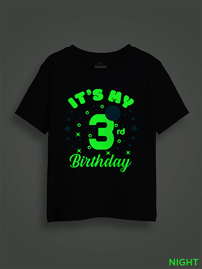 Black Cotton My 3rd Birthday Kids Glow in Dark T-shirt
