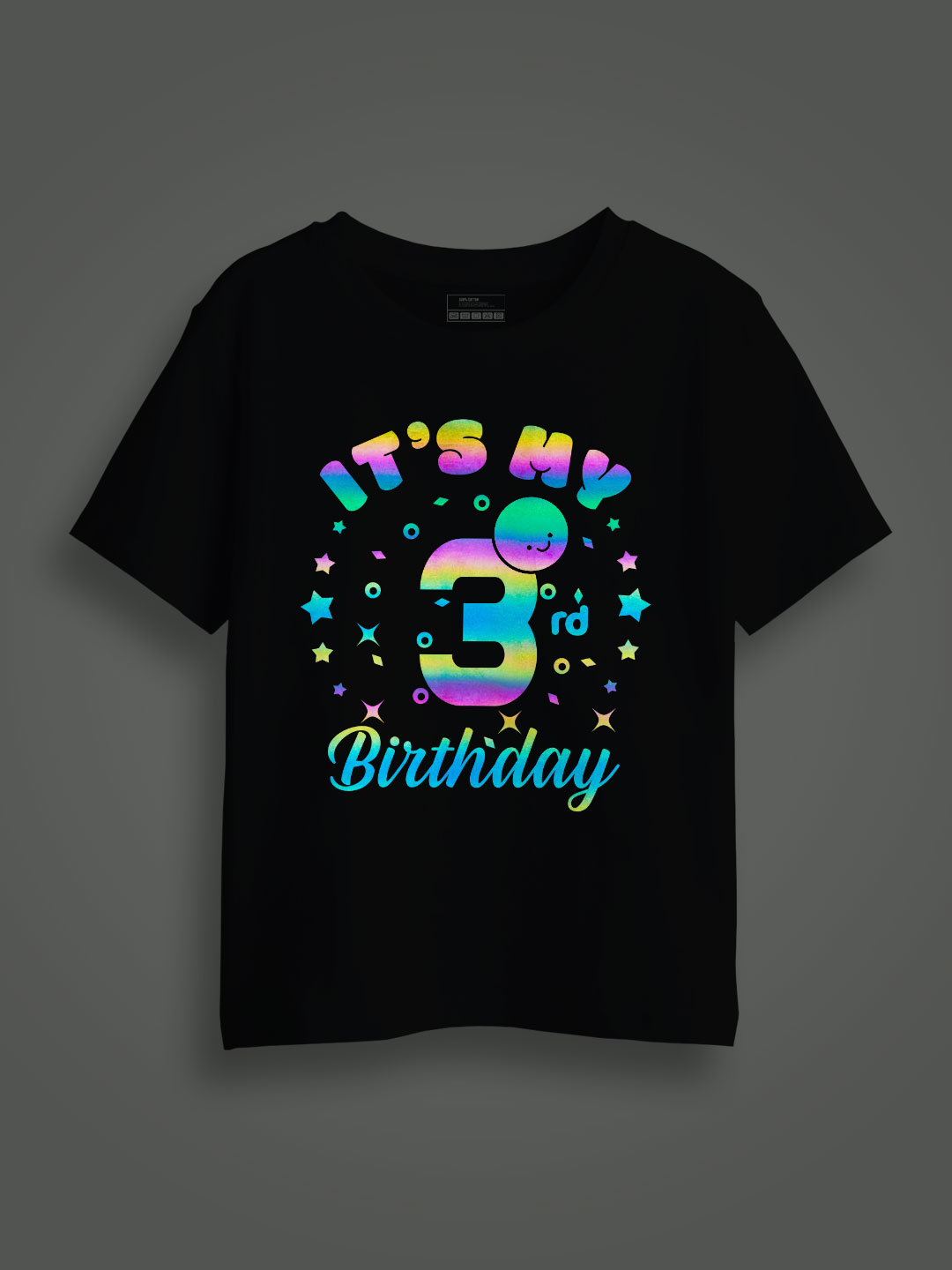 Black Cotton My 3rd Birthday Rainbow Reflective Kids T-shirt