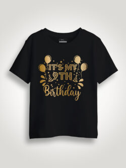 Black Cotton My 9th Birthday Gold Printed Kids T-shirt