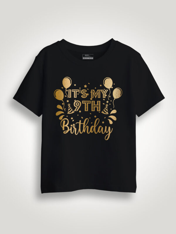 Black Cotton My 9th Birthday Gold Printed Kids T-shirt
