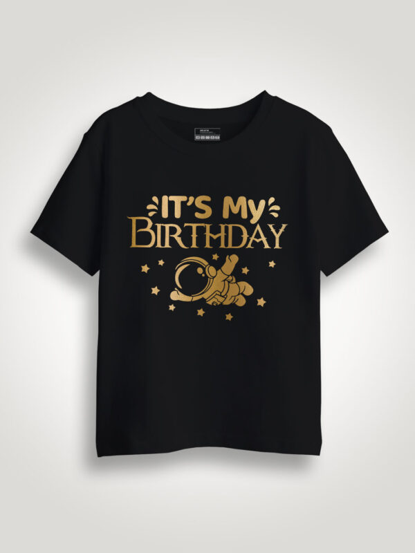Black Cotton Birthday Astronaut Gold Printed Kids T-shirt
