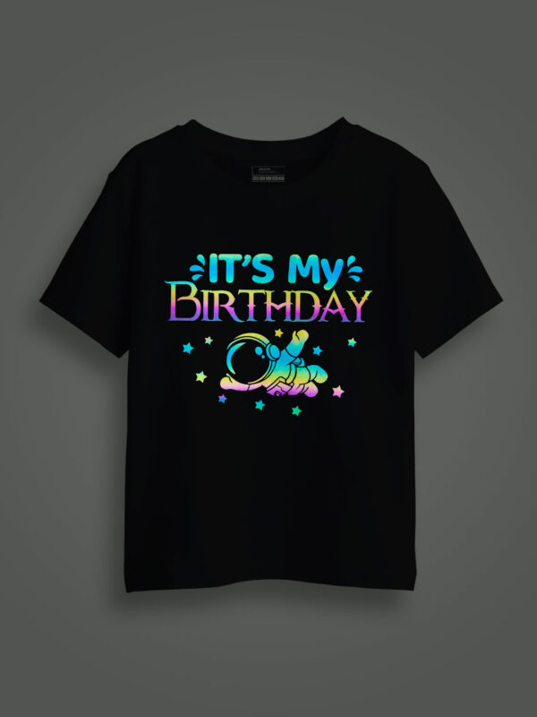 Black Cotton Birthday Astronaut Rainbow Reflective Kids T-shirt
