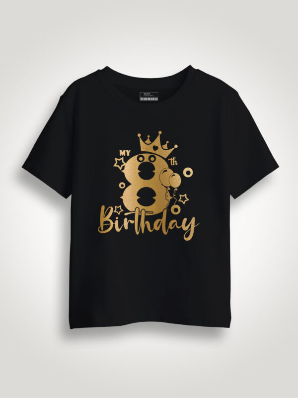 Black Cotton My 8th Birthday Gold Printed Kids T-shirt
