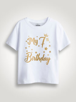 White Cotton 7th Birthday Gold Printed Kids T-shirt
