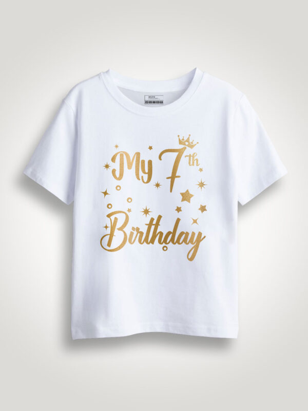 White Cotton 7th Birthday Gold Printed Kids T-shirt