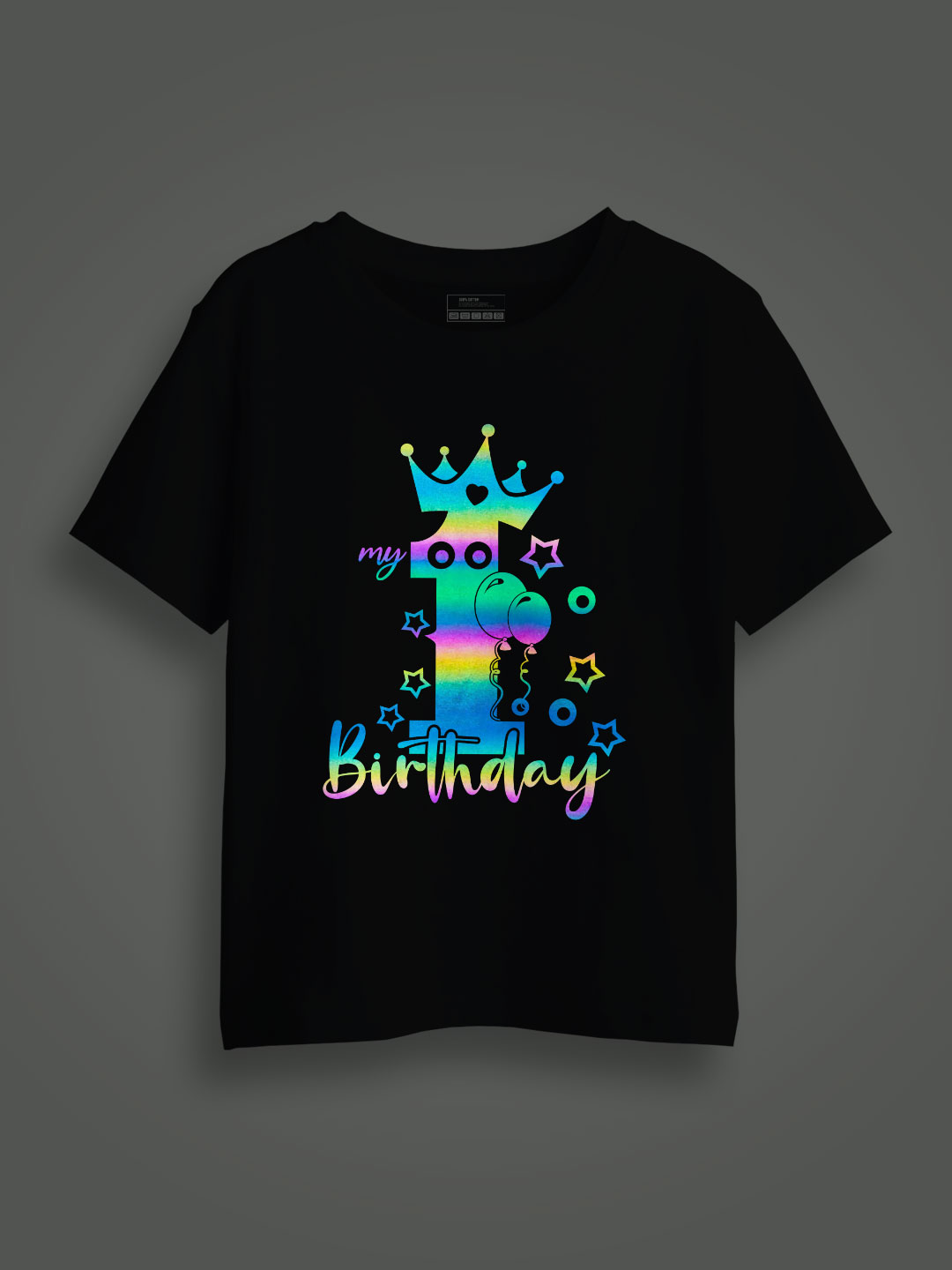 Black Cotton 1st Birthday Rainbow Reflective Kids T-shirt