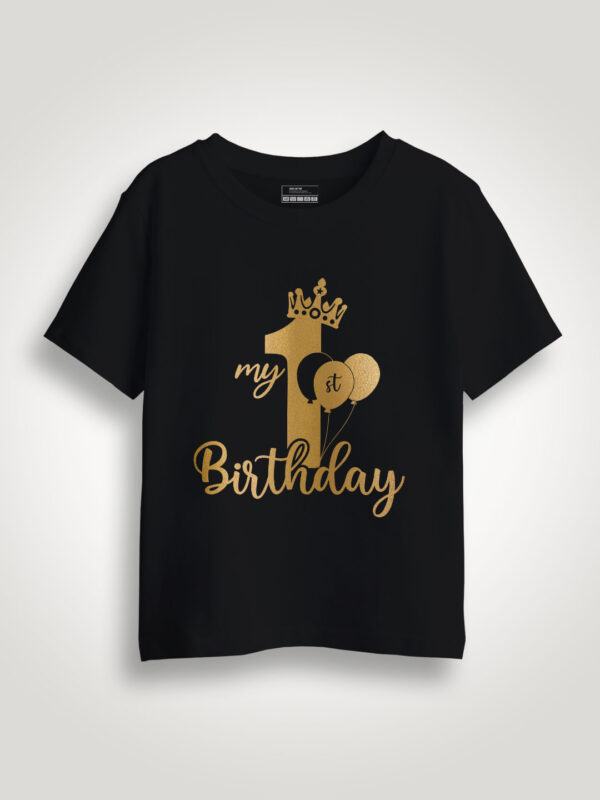 Black Cotton Birthday Crown Gold Printed Kids T-shirt