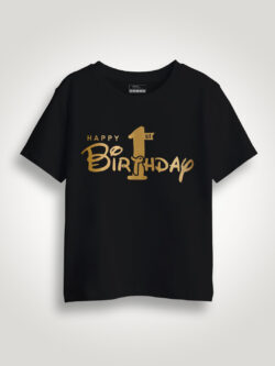 Black Cotton 1st Birthday Flag Gold Printed Kids T-shirt