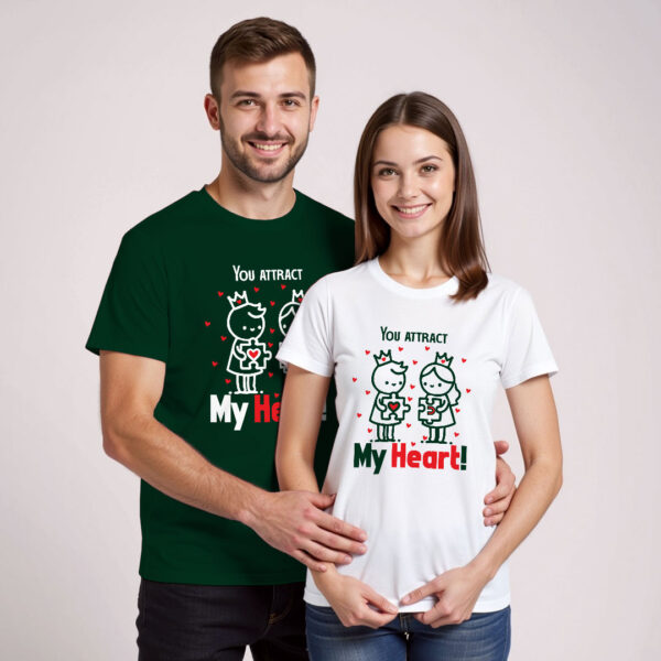 Bgreen White Cotton You Attract My Heart Couple T-shirt
