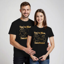 Black Cotton You're Mine Sweetheart Gold Printed Couple T-shirt