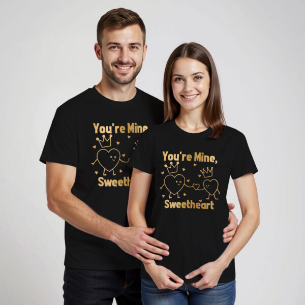 Black Cotton You're Mine Sweetheart Gold Printed Couple T-shirt
