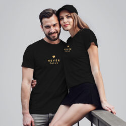 Black Cotton Love Never Fails Gold Printed Couple T-shirt