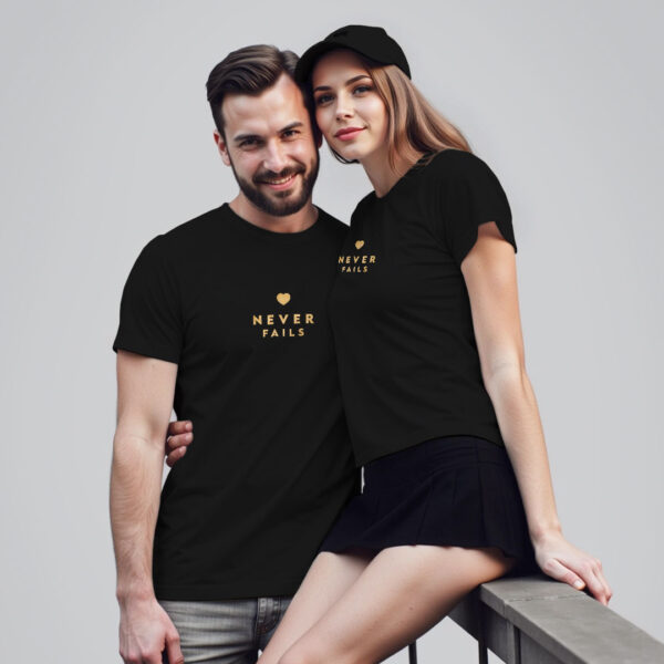 Black Cotton Love Never Fails Gold Printed Couple T-shirt