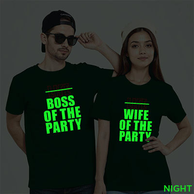 Bgreen Cotton Boss of the Party & Wife of the Party Couple Glow In The Dark T-shirt