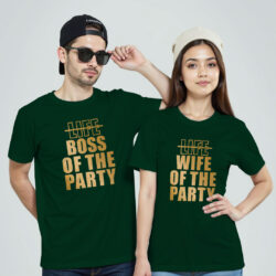 Bgreen Cotton Boss of the Party & Wife of the Party Gold Printed Couple T-shirt