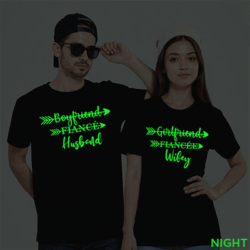 Black Cotton Husband Wifey Couple Glow In The Dark T-shirt