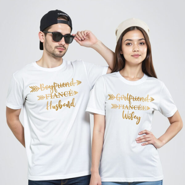 White Cotton Husband Wifey Gold Printed Couple T-shirt