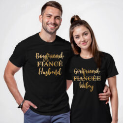 Black Cotton Husband Wifey Gold Printed Couple T-shirt