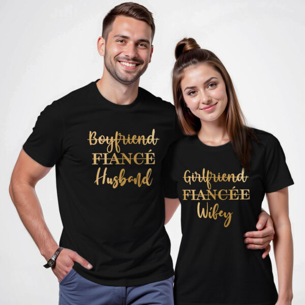 Black Cotton Husband Wifey Gold Printed Couple T-shirt