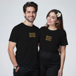 Black Cotton Sniper Wifey Gold Printed Couple T-shirt