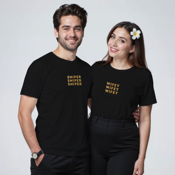 Black Cotton Sniper Wifey Gold Printed Couple T-shirt
