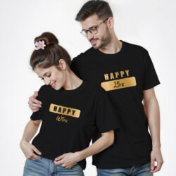 Black Cotton Happy Wife Happy Life Gold Printed Couple T-shirt