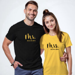 Black Yellow Cotton Mr and Mrs Est. Custom Couple T-shirt