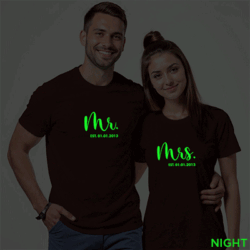 Maroon Cotton Mr and Mrs Est. Custom Couple Glow In The Dark T-shirt