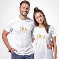 White Cotton Mr and Mrs Est. Custom Gold Printed Couple T-shirt
