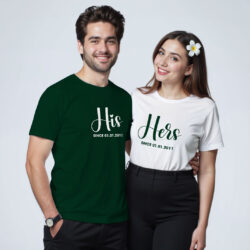 Bgreen White Cotton His and Her Since Custom Couple T-shirt